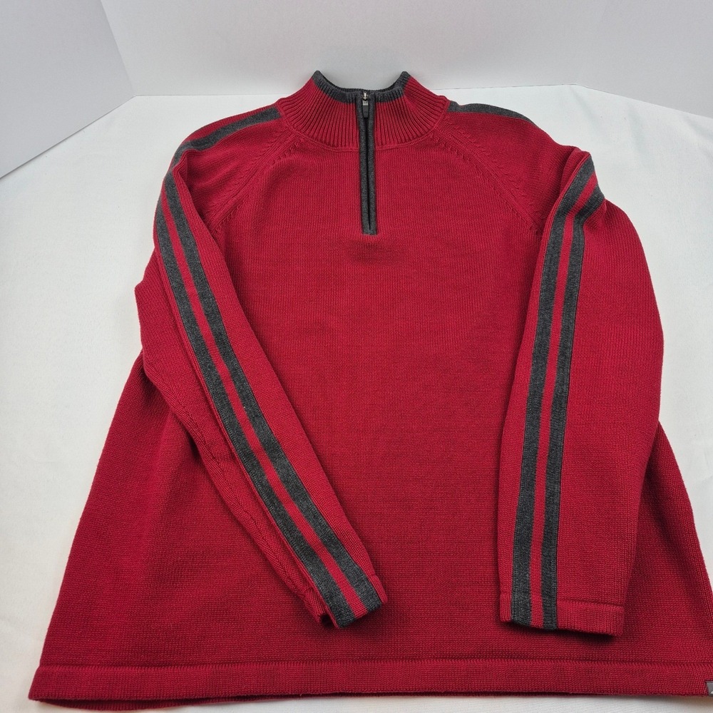 Eddie Bauer Mens 2XL Red Quarter Zip Sweater 100% Cotton Stripes Ribbed‎ Collar